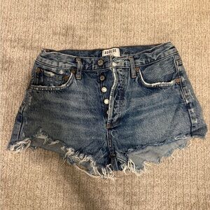 Agolde Medium Blue Frayed High-Rise Jean Shorts